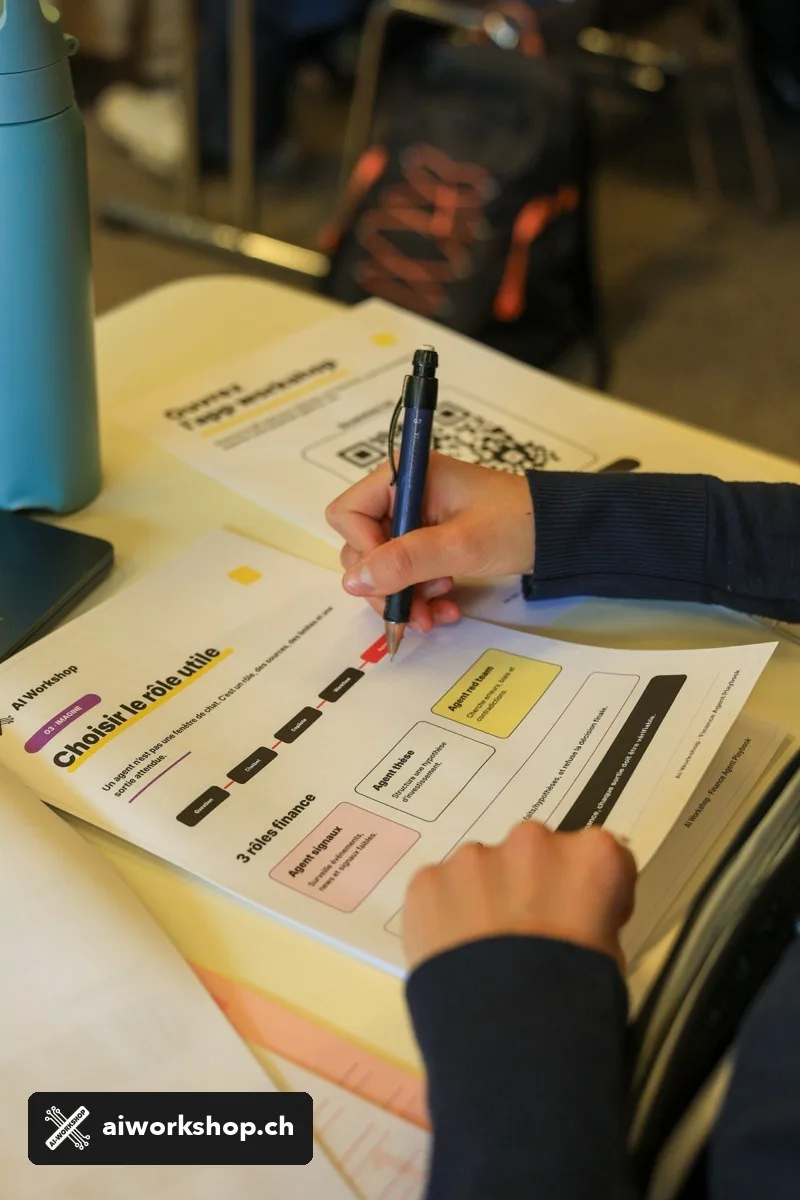 Student completing an AI agent design worksheet during the Lausanne finance workshop